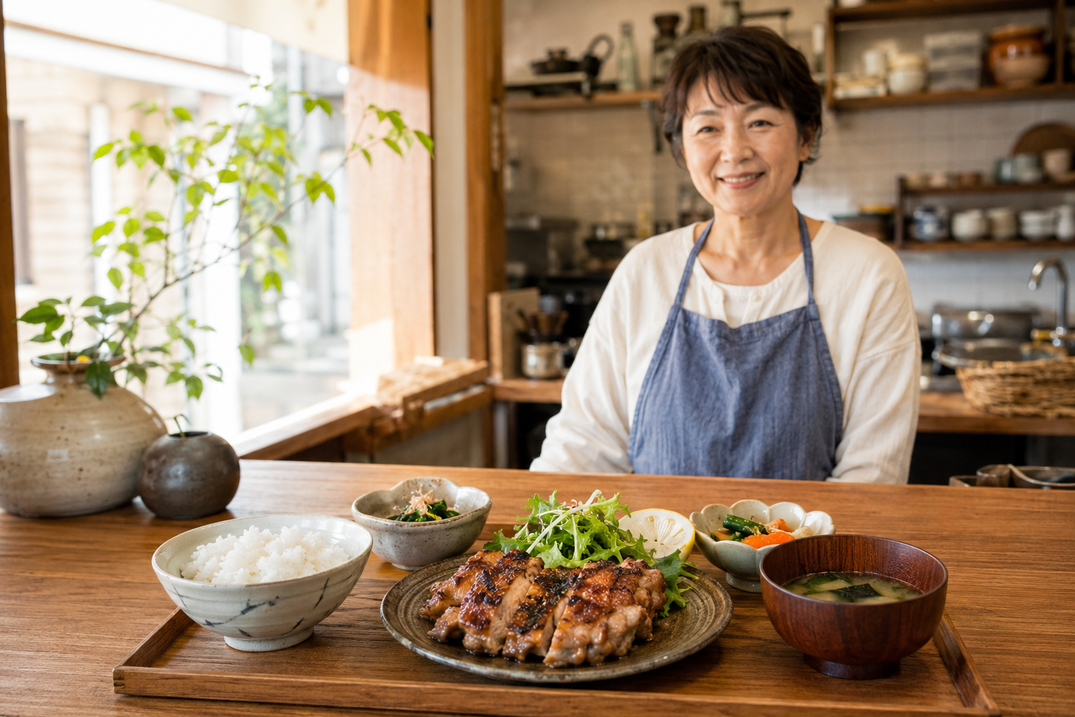店主が迎える、ひなたの温かな店内と鶏の塩こうじ焼き定食