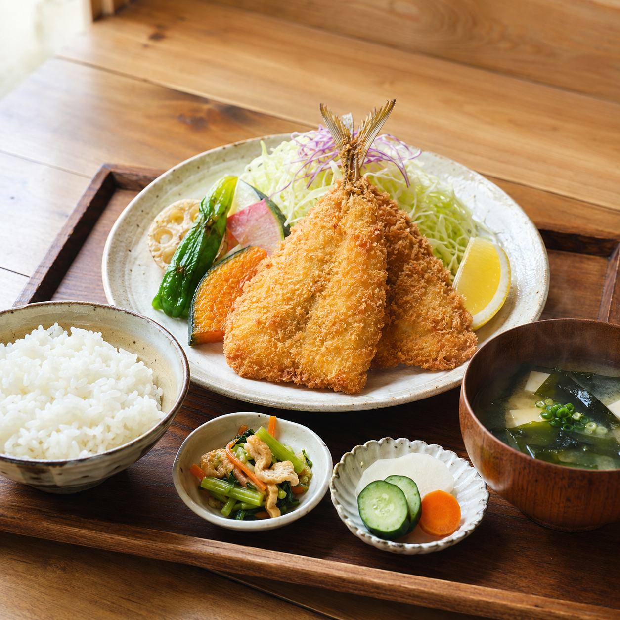 揚げたてのあじフライと季節の小鉢の定食